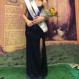 Navy Blue Satin Long Dress with slit on left leg